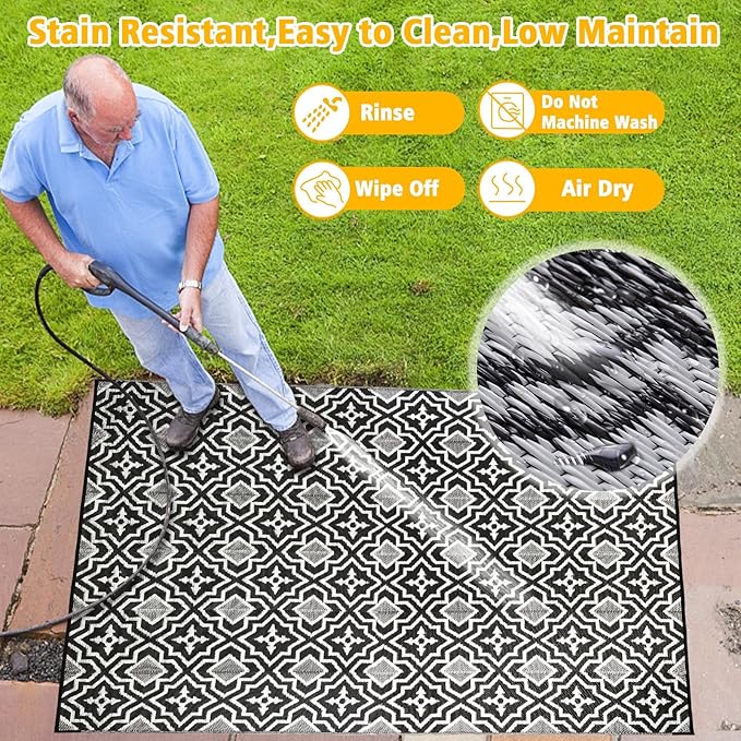 Outdoor Rug Waterproof 4x6 Porch Rug,Outdoor Mat 4x6 Small Balcony Mat,Reversible Plastic Straw Rug, Outdoor Rug for Camping Black and White Outdoor Rugs for Patio, Deck, RV, Camping, Beach, Backyard