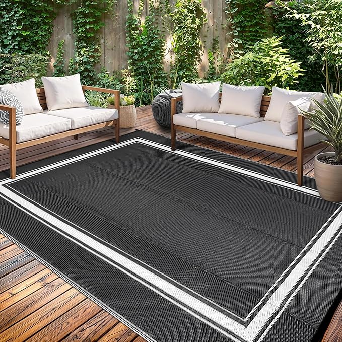 Waterproof Outdoor Rug 9x12 Reversible Plastic Straw Rug Modern Bordered Large Floor Carpet UV Resistant Camping Mat for Outsides RV Patio Backyard Picnic Deck Black/White
