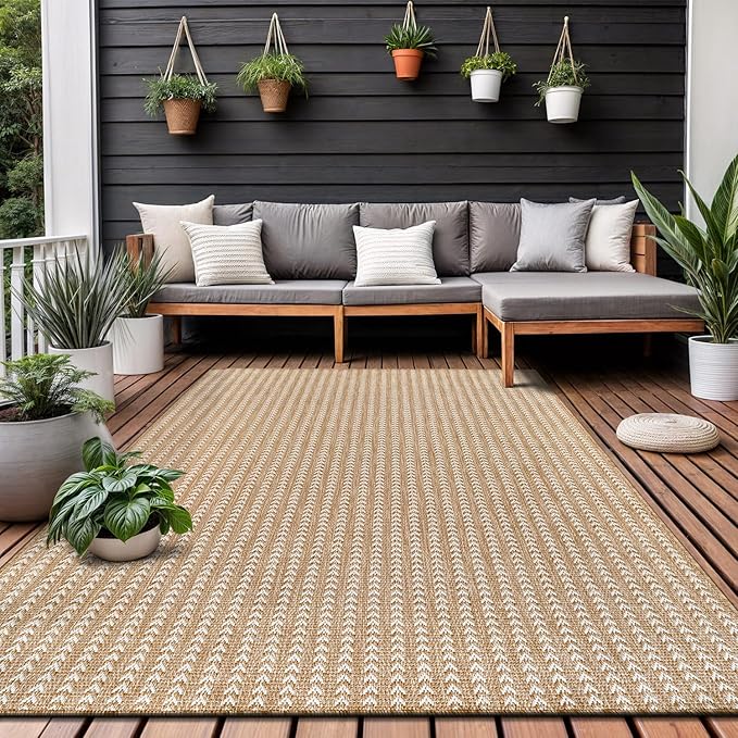 Washable Outdoor Rug 6x9 Modern Area Rugs Outdoor Carpets Striped Pattern Non Shedding Waterproof Easy Clean Patio Deck Porch Living Room Bedroom Garden RV (6 X 9 Natural)