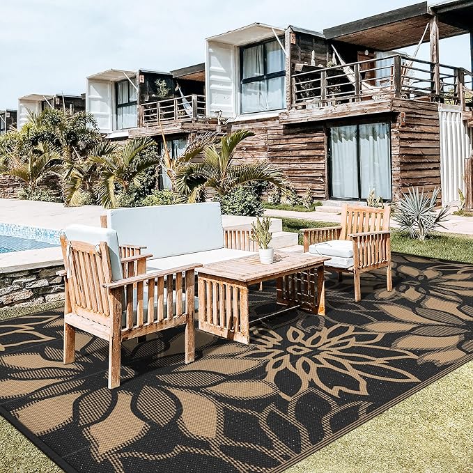 GENIMO Outdoor Rug Waterproof for Patio Decor, 10' x 20' Reversible Plastic Straw Floral Camping Carpet, Large Area Rugs Mats for RV, Camper, Deck, Balcony, Porch, Beach, Picnic, Black & Brown