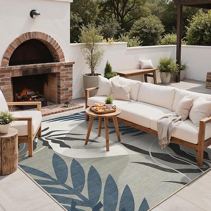 GENIMO Outdoor & Indoor Area Rug 4'x6', Waterproof, Non-Shedding, Easy Cleaning, Leaf Mat for Patio, Living Room, Balcony, Dining Room, RV, Deck, Bedroom, Camping, Outside Carpet, Blue Grey