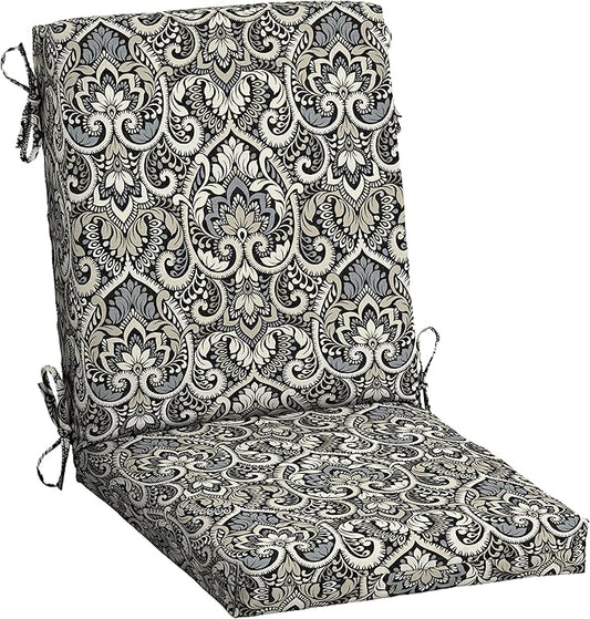 Arden Outdoor Patio Dining Chair Cushion, 20x44, Rain-Proof Seat Pad, Fade-Resistant Outdoor Cushion Black Aurora Damask