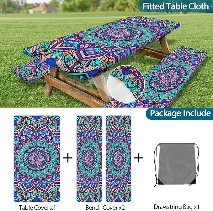Picnic Table Cover with Bench Cover, Boho Table Covers with Elastic Waterproof Camping Tablecloth with Drawstring Bag, Outdoor Travel Rv Patio Camping Essentials, 60In 3PCS
