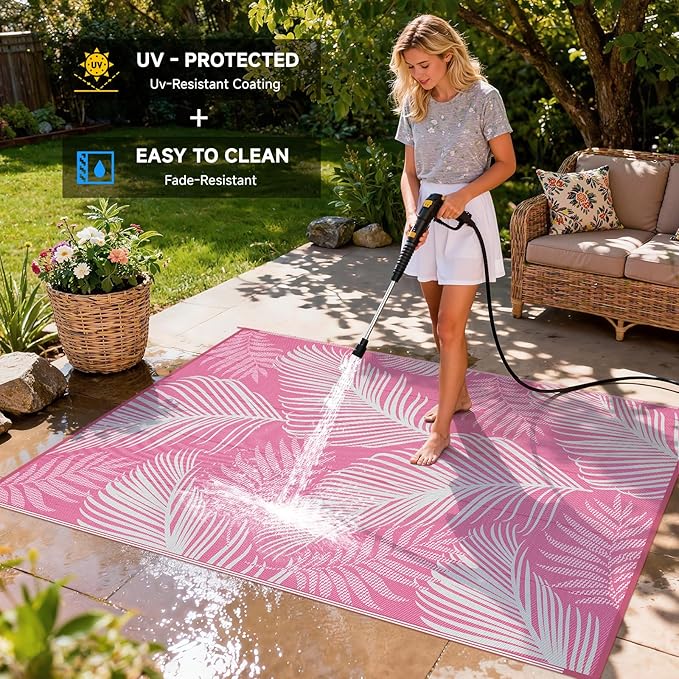 Pauwer Waterproof Outdoor Rug 6x9, Reversible Plastic Straw Patio Camping Rug, Indoor Outdoor RV Mat Carpet for Deck, Camper, Porch, Balcony, Backyard, Picnic, Leaf Pink