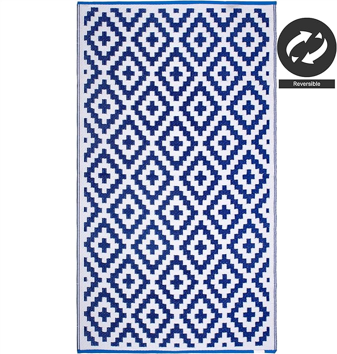 FH Home Outdoor Rug - Waterproof, Fade Resistant, Reversible - Premium Recycled Plastic - Geometric - Patio, Porch, Deck, Balcony - Aztec - Blue & White Crease Free - 5 x 8 ft