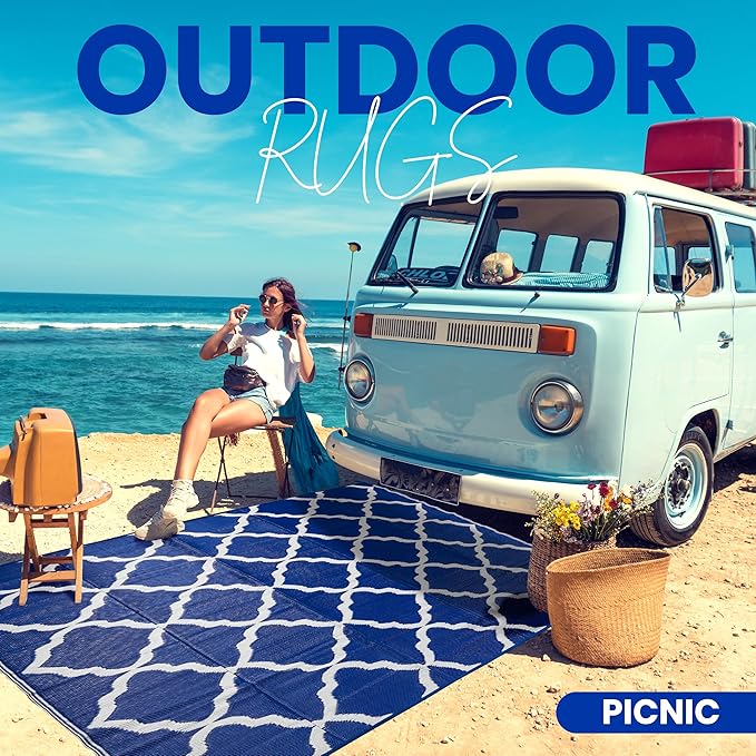 Utopia Home Waterproof Outdoor Rug for Patio 6 x 9 ft, Reversible Plastic Straw Mat for Camping, Picnics, Balcony, Patio, Diamond - Navy & White