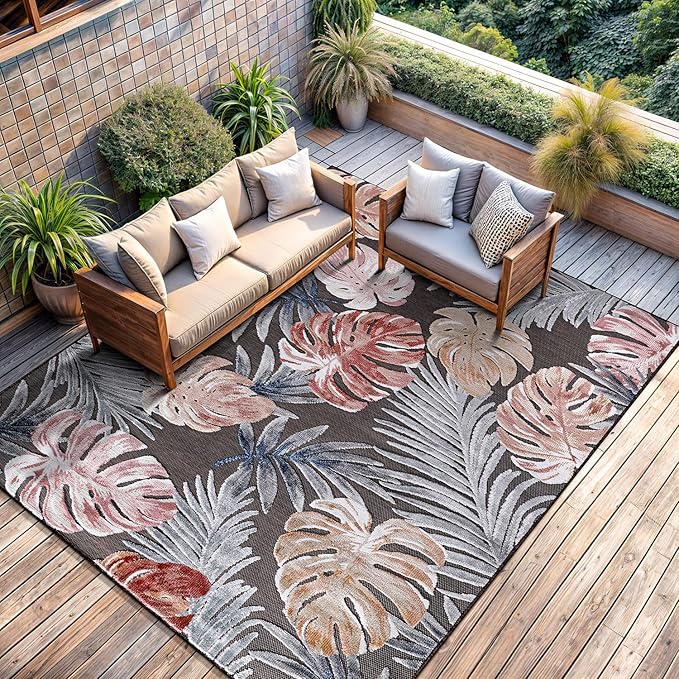 CAMILSON Indoor Outdoor Rug, Brown 6’x9’ Leaf Tropical Botanical Area Rugs for Indoor and Outdoor patios, Easy-Cleaning Non-Shedding Living Room, Garden and Kitchen Washable Outside Carpet (6x9)