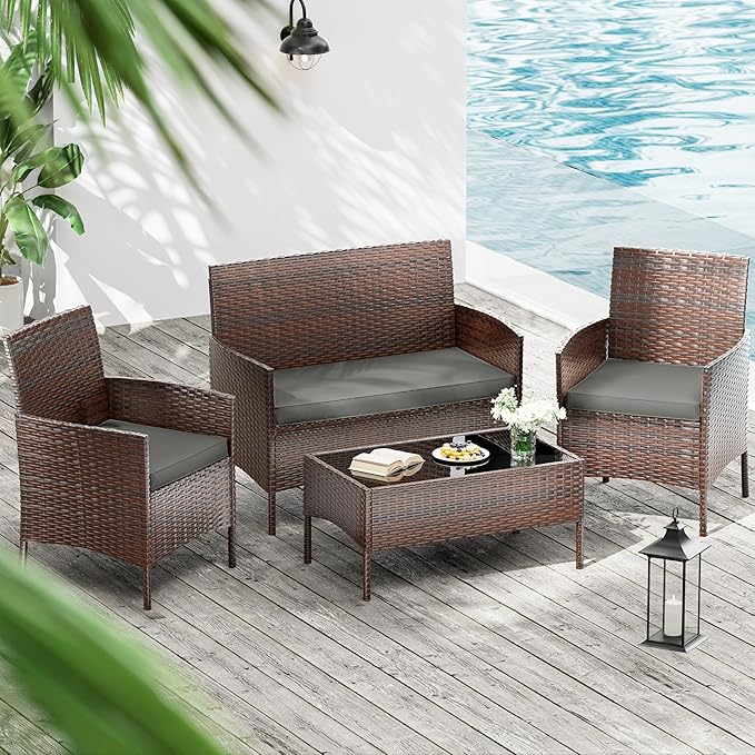3 Pack Outdoor Replacement Cushions, Fit for 4-Seater Wicker Rattan Patio Conversation Set, 36x18x3,18x18x3, Liner & Cover
