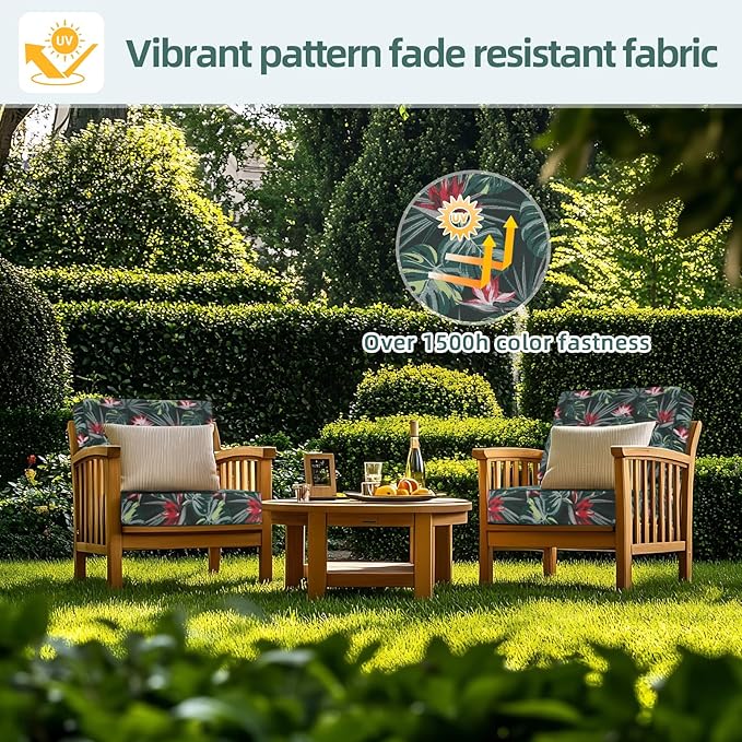 Favoyard Deep Seat Patio Cushion 22 x 22 x 3 in Waterproof Seat & Back Cushion Set with Color Fade Resisitant Pattern, Portable Handle, Attach Straps, Zipper on Removable Cover for Outdoor Furniture