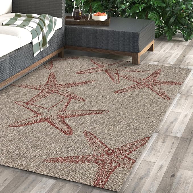 LR Home 8x10Indoor/Outdoor Area Rug for Home Decor | Coastal Starfish Large Size Carpet for Living Room, Bedroom, Playroom, Patio, Garden | Modern Farmhouse Rug | Rust/Biege