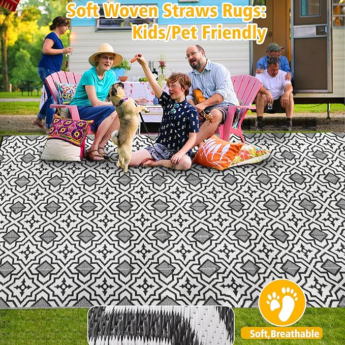 Outdoor Rug 9x18 Waterproof Large Outdoor Rug Camping Rug Reversible Rv Mats Black Gray Outdoor Plastic Straw Rug Tightly Woven Rugs Clean Easily Large Patio Mat for RV, Deck, Camping Rv Essentials
