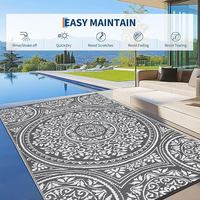 Outdoor Rug 8x10 Waterproof Patio Rugs Boho Floral Reversible Mat for Front Door Rv Foldable Plastic Straw Carpet for Travel Trailers, Deck, Picnic, Porch, Camper, Balcony, Beach，Grey/White