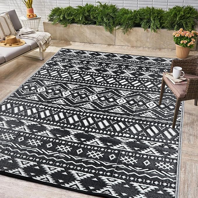 Pendolr 5’x8’ Outdoor Rug Waterproof Carpet Patio Rugs Outdoor Plastic Straw Rug Camping Rug Reversible Outside Outdoor Area Rug for Balcony Deck Backyard RV Picnic Beach Black&White 02#