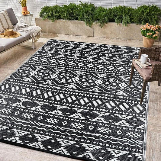 Pendolr 5’x8’ Outdoor Rug Waterproof Carpet Patio Rugs Outdoor Plastic Straw Rug Camping Rug Reversible Outside Outdoor Area Rug for Balcony Deck Backyard RV Picnic Beach Black&White 02#