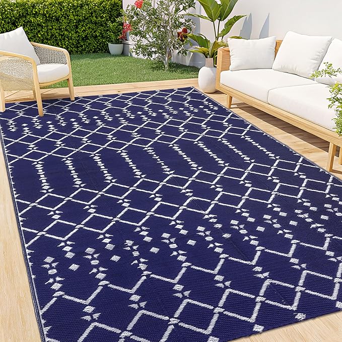 Smiry Outdoor Rug 9x12 ft, Waterproof Reversible Plastic Straw Rugs, Boho Outdoor Area Rug, Outside Floor Mat for Patio, Backyard, Deck, Picnic, Beach, Camping, Navy