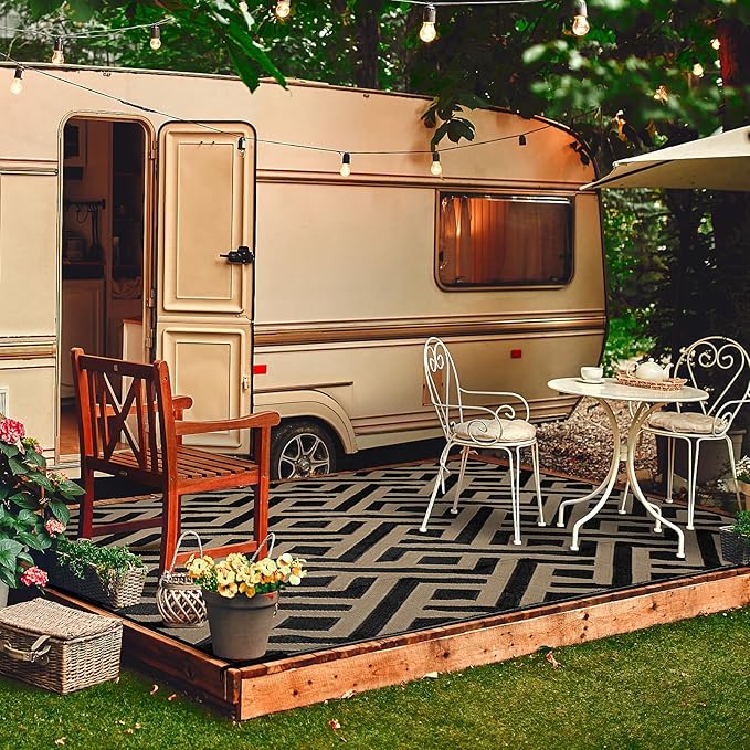 9x12 Outdoor Patio Rug with Carry Bag, Waterproof Outdoor Plastic Straw Rug RV Camping Rug, Reversible Picnic Mat Outside Carpet for Backyard, Campsite, Garden, Deck, Black & Beige