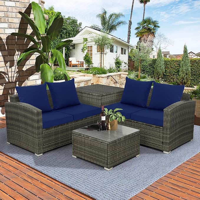 24x24 Inch Outdoor Cushions for Patio Furniture, Waterproof Outdoor Chair Cushions w/Fade-Resistant, Removable & Machine-Washable Covers, Deep Seat Sofa/Couch Pads Replacement – Set of 4, Navy Blue