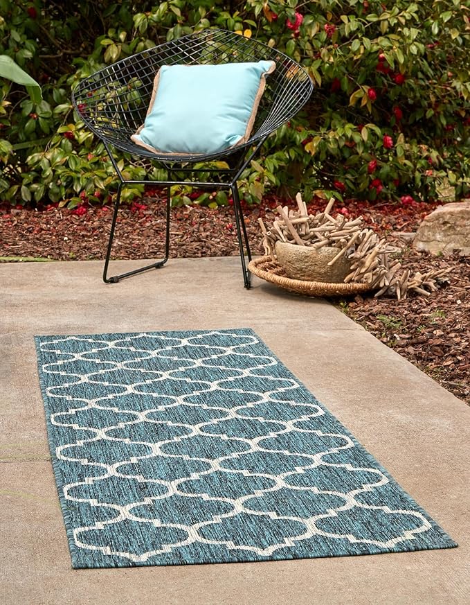 Unique Loom Outdoor Trellis Collection Area Rug (2' x 8' Runner, Teal/ Gray)
