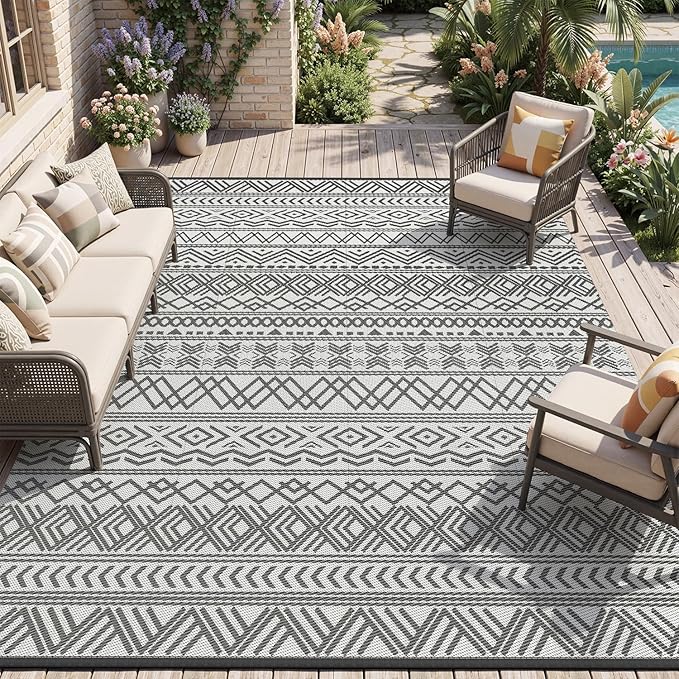 MontVoo Outdoor Rug Carpet Waterproof 9x12 Outdoor Patio Rug Mat Reverisble Plastic Straw Outdoor Rug for RV Camping Picnic Beach Balcony Boho Grey Large