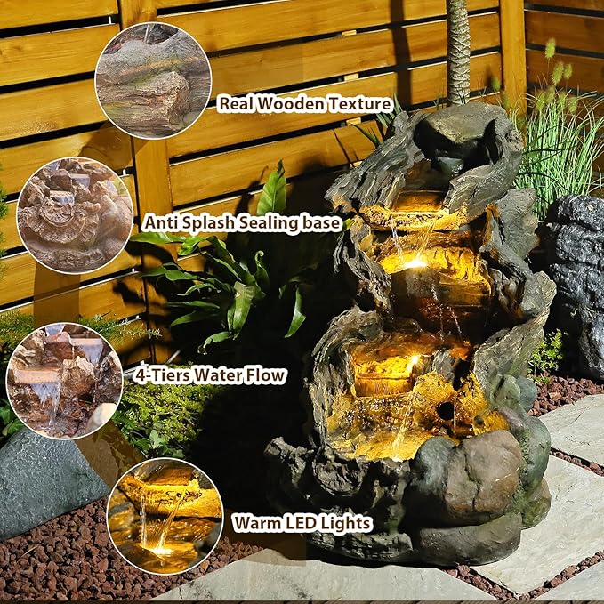37" L Outdoor Water Fountain with 3 Tiers Cascading Realistic Tree Trunk Waterfall Fountains with LED Lights Outdoor Water Fountain for Garden Patio Backyard Porch Home Decor