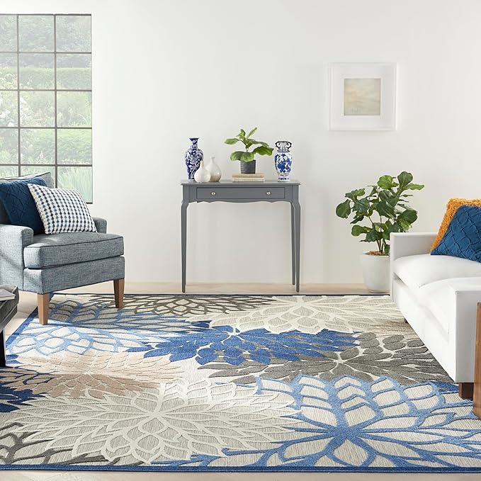 Nourison Home Aloha Indoor/Outdoor Blue/Multicolor 10' x 14' Area Rug, Tropical, Botanical, Easy Cleaning, Non Shedding, Bed Room, Living Room, Dining Room, Deck, Backyard, Patio (10x14)