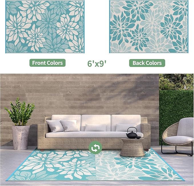 GENIMO Outdoor Rug Waterproof for Patio Decor, 6' x 9' Reversible Plastic Straw Floral Camping Carpet, Large Area Rugs Mats for RV, Camper, Deck, Balcony, Porch, Beach, Picnic, Blue & Beige