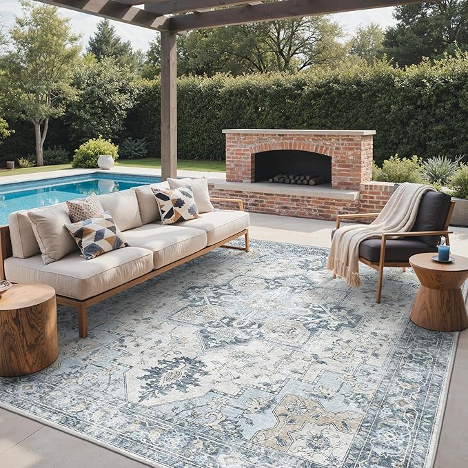 GENIMO Outdoor & Indoor Area Rug 9'x12', Waterproof, Non-Shedding, Easy Cleaning, Boho Mat for Patio, Living Room, Balcony, Dining Room, RV, Deck, Bedroom, Camping, Outside Carpet,Blue