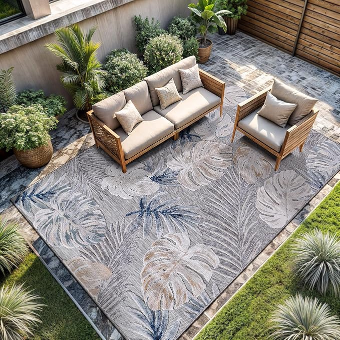 CAMILSON Indoor Outdoor Rug, Blue 6’x9’ Leaf Tropical Botanical Area Rugs for Indoor and Outdoor patios, Easy-Cleaning Non-Shedding Living Room, Garden and Kitchen Washable Outside Carpet (6x9)