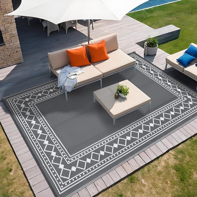 Garvee Outdoor Rug 10x14 for Patios Clearance,Waterproof Mat,Large Outside Carpet,Reversible Plastic Straw Camping Rugs,Porch,Deck,Balcony,Backyard,White/Grey