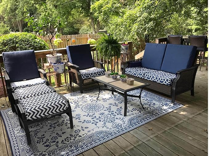 Mad Mats Traditional Outdoor Rug, Reversible Plastic Mat (5' x 8', Oriental Garland - Blue/White)