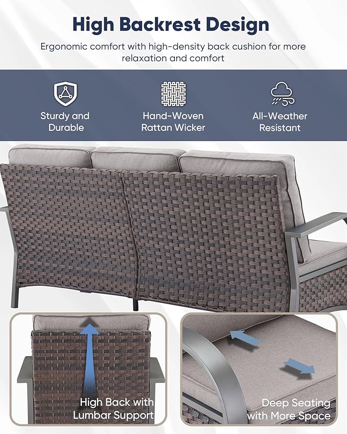 HUMMUH Outdoor Patio Furniture Set with Fire Pit-PE Wicker Patio Chairs Set of 2 with Rattan Sofa Patio Conversation Set for Deck Porch Garden Poolside Backyard-Brown/Grey