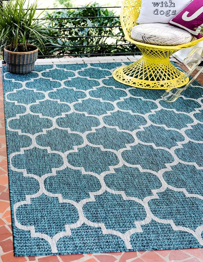 Unique Loom Outdoor Trellis Collection Area Rug (10' x 13' 1" Rectangle, Teal/ Gray)