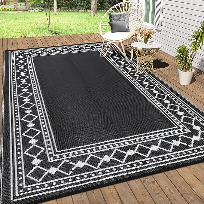 Large Outdoor Rug,9x12 Waterproof Modern Bordered Plastic Straw Carpet,Lightweight Outdoor Carpet,Easy Cleaning Folding Uv Resistant Picnic Camping Mat,Black/White