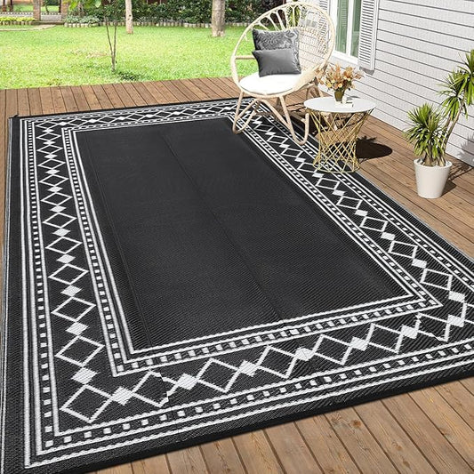 8x10 Outdoor Rug,Waterproof Geometric Plastic Straw Carpet,Easy Cleaning Folding Uv Resistant Picnic Camping Mat,Lightweight Outdoor Carpet,Black/White