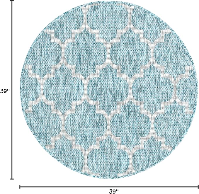 Unique Loom Trellis Collection Area Rug-Lattice Design, Moroccan Inspired for Indoor/Outdoor Décor, 3 ft 3 in x 3 ft 3 in Round, Aquamarine/Gray