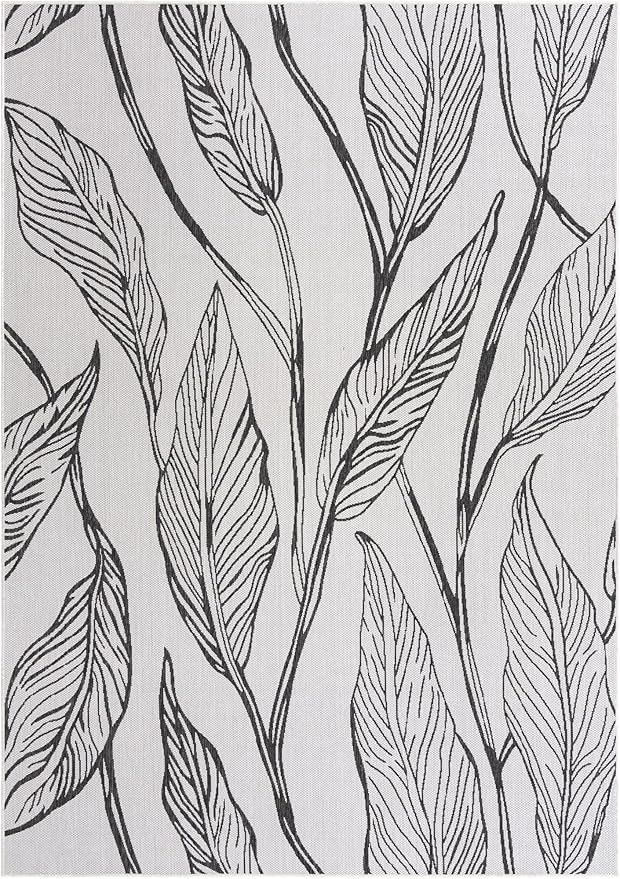 Unique Loom Outdoor Botanical Collection Area Rug - Leaf (7' 10" x 11' Rectangle, Charcoal Ivory)