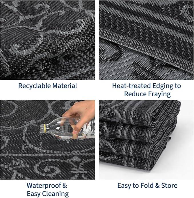 MilleLoomi 9x12 Outdoor Rug Waterproof Foldable Plastic Straw Carpet for Patio Porch Vintage Reversible Mat Lightweight Floor Mat for Picnic, Backyard, Rv, Beach, Deck, Camper, Balcony，Black Grey