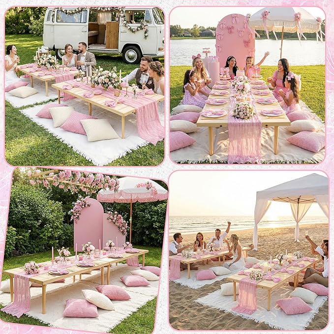 91 x 71 Extra Large Outdoor Boho Picnic Blanket with Pink Table Runner, 12 Throw Pillow Covers 12 Napkins Woven Cotton Yarn Oversize Beach Blanket Washable Picnic Camp Wedding