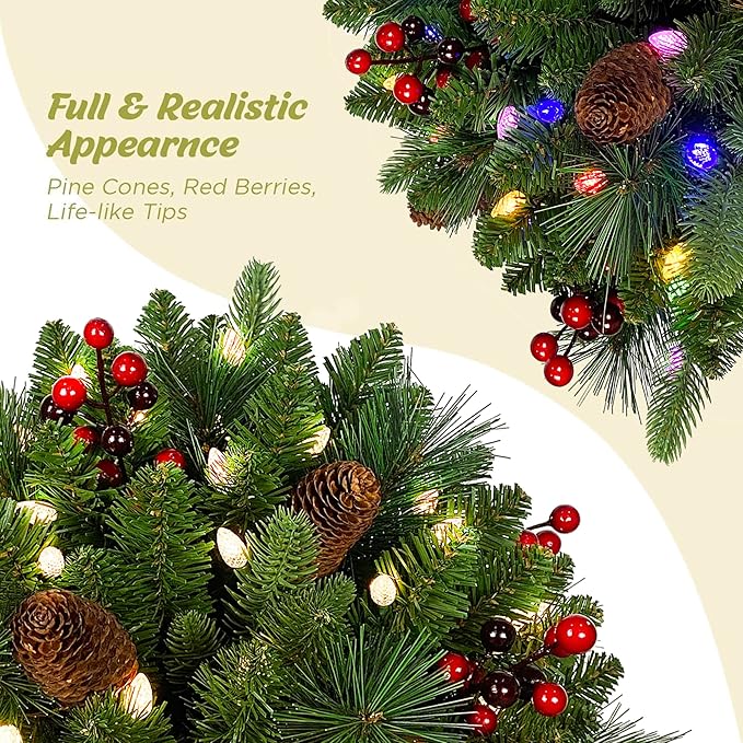 18 Inches Pre-lit Artificial Christmas Hanging Basket with Red Berries, Pine Cones,40 C3 Dual-Color Multi-Functional Battery Operated LED Lights with Timer