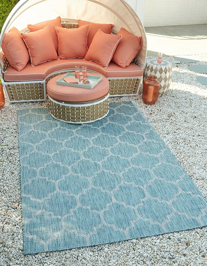 Unique Loom Outdoor Trellis Collection Area Rug (10' x 13' 1" Rectangle, Aquamarine/ Gray)