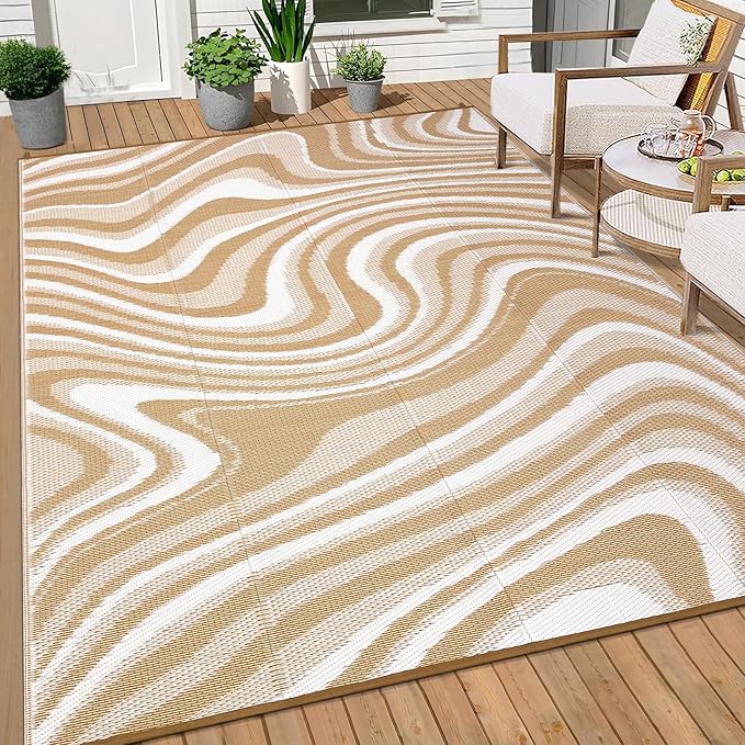Waterproof Plastic Straw Outdoor Rug 9x18 Patio Reversible UV Resistant Foldable Camping Carpet Modern Abstarct Large Outdoor Rugs for Deck, Porch, Camper, Balcony, Beach，Brown/Coffee/White