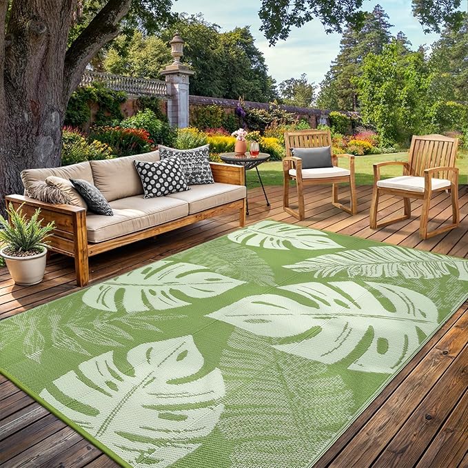 Outdoor Rug 8x10 Waterproof Patio Rugs Modern Leaf Print Reversible Mat for Front Door Rv Foldable Plastic Straw Carpet for Travel Trailers, Deck, Picnic, Porch, Camper, Balcony, Beach，Green