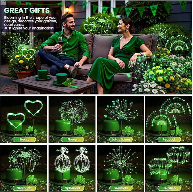 4Pack Garden Decor Outdoor Lights 120LED, Solar Garden Lights for St. Patrick's Day Outside Fairy Firework Decorative,Solar Powered for Yard Pathway Party Balcony Patio Decor (Green)