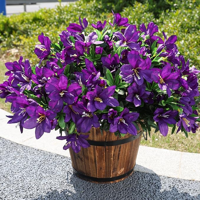 INSPRING Artificial Faux Plants Flowers for Outdoors Spring Decor,3 Bundles Realistic Outside Fake Silk Azalea UV Resistant Outdoor Artificial Flowers for Planter Porch Patio Garden Home, Dark Purple