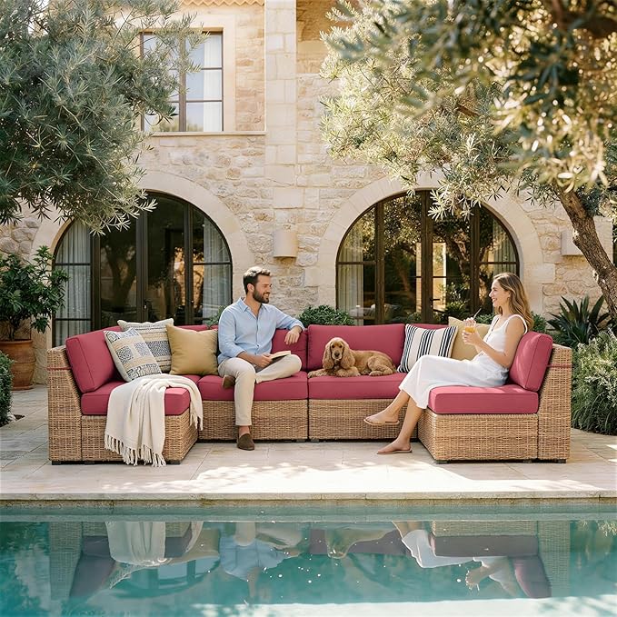 Outdoor Replacement Cushions for Patio Furniture, 5" Foam High-Density, 14-Piece Water-Resistant Outdoor Cushion for 6-Seat Sectional Patio Conversation Sets, Liner&Cover