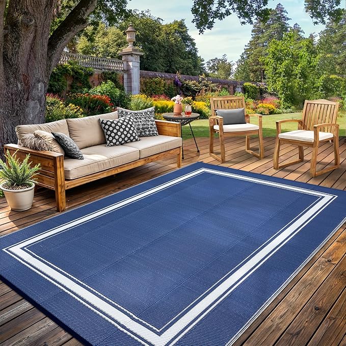 Outdoor Rugs 8x10 for Patio Waterproof Floor Mats Modern Bordered Plastic Straw Large Area Rugs Lightweight Reversible Mat Carpet for RV Backyard Balcony Porch Blue/White