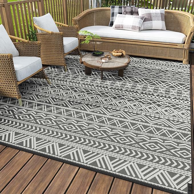 MontVoo Outdoor Rug Carpet Waterproof 9x18 Outdoor Patio Rug Mat Reverisble Plastic Straw Outdoor Rug for RV Camping Picnic Beach Balcony Boho Grey Large