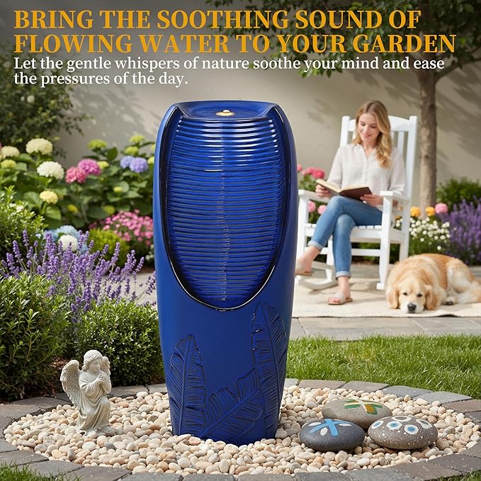 33" Cearmic Outdoor Fountain, Large Tall Jar Water Feature with Lights, Soothing Trickling Waterfalls for Garden Patio Yard Balcony or Porch, Cobalt Blue Glaze, 3D Tropical Leaf Patterns
