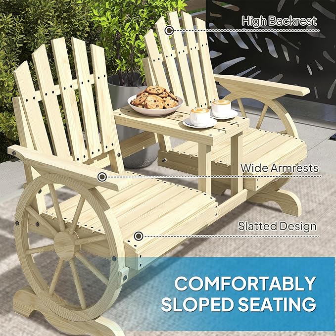 Outsunny Wooden Garden Bench with Table, Umbrella Hole, 2-Seat Wagon Wheel Outdoor Bench with Slatted Seat, High Backrest, Armrests for Backyard, Patio, Garden, Natural Wood