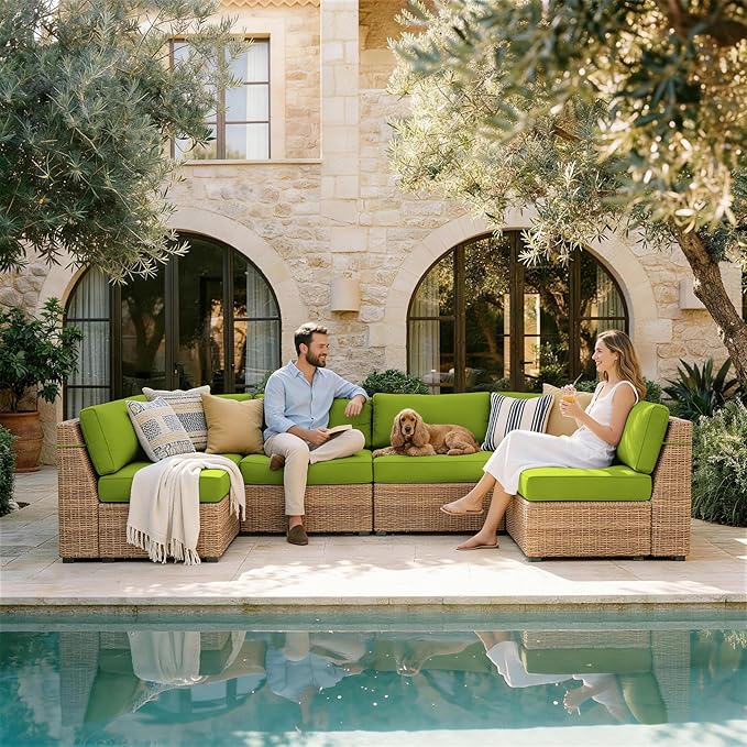 Outdoor Replacement Cushions for Patio Furniture, 5" Foam High-Density, 14-Piece Water-Resistant Outdoor Cushion for 6-Seat Sectional Patio Conversation Sets, Liner&Cover